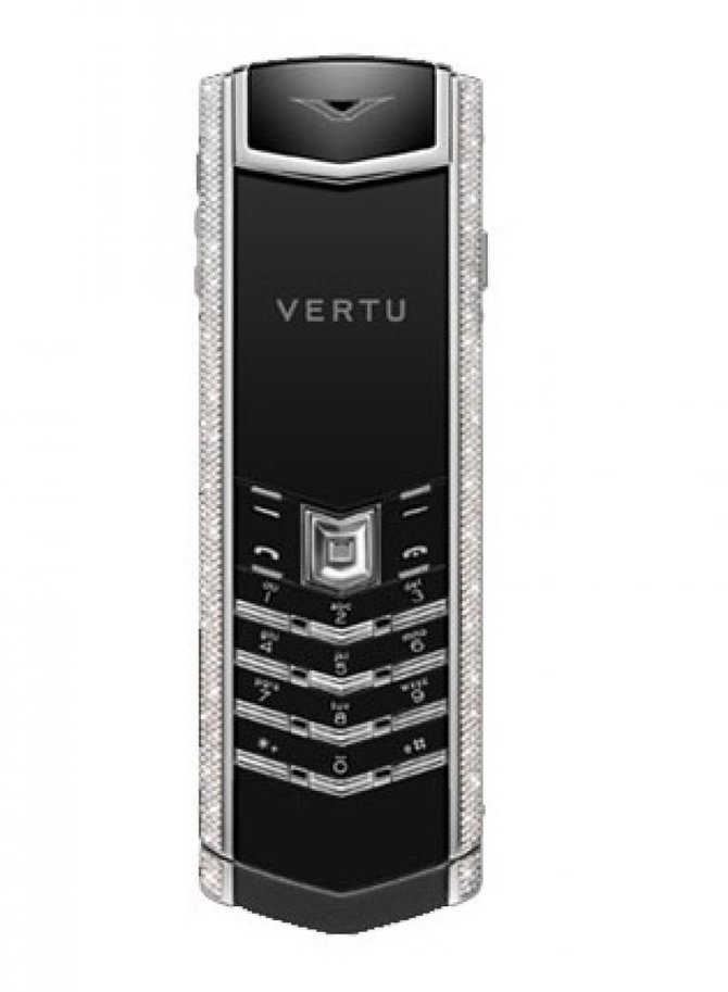 Vertu White Gold Full Pave Diamond Bezel Black Ceramic B Signature Back Black Leather - фото 1