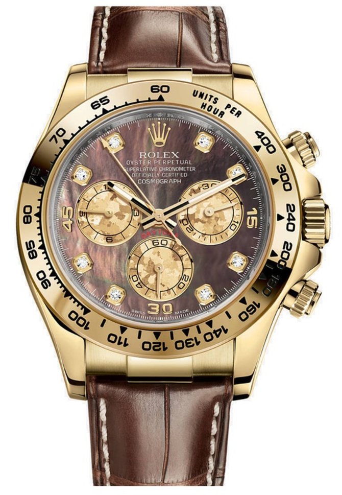 Rolex 116518 dark Daytona Yellow Gold Leather Strap Dark Pearl Dial Diamond