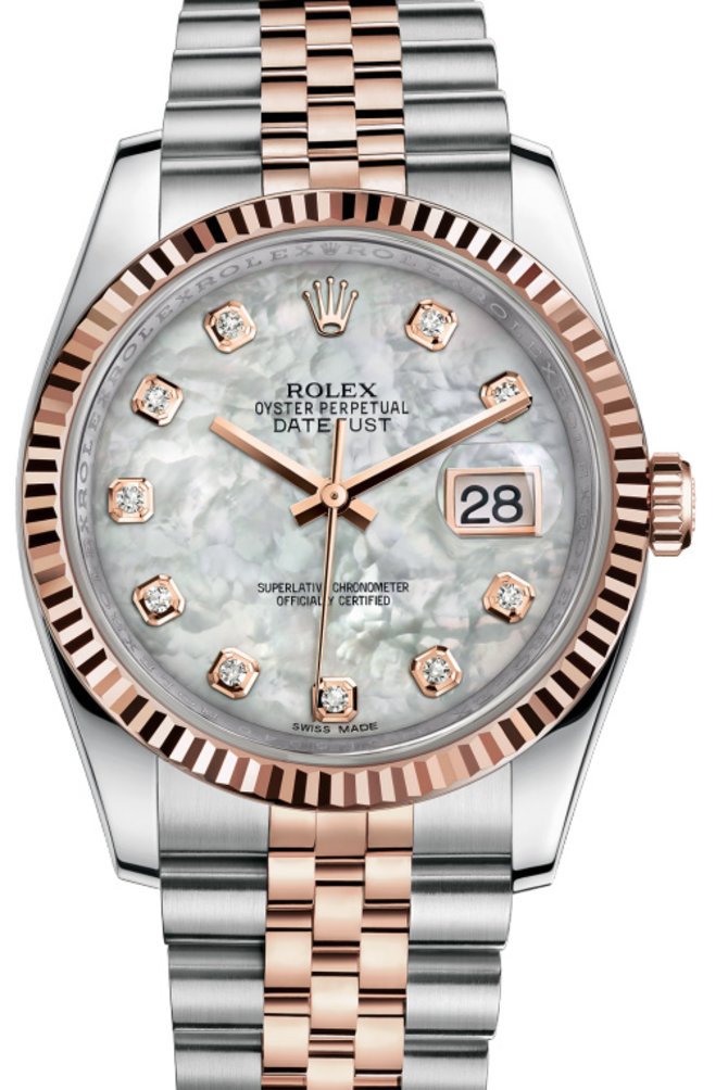 Rolex 116231 White mother-of-pearl set with diamonds JB Datejust 36 Everose Rolesor Fluted Bezel Jubilee Bracelet - фото 1