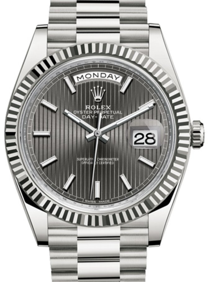 Rolex 228239 Dark rhodium stripe motif dial Day-Date White Gold