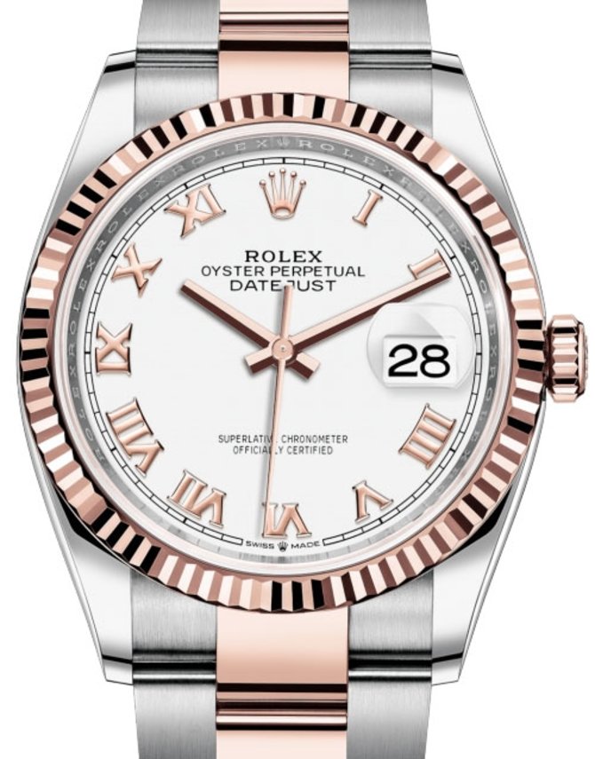 Rolex 126231 White Roman numerals Oyster Datejust Everose Rolesor Fluted Bezel Oyster Bracelet