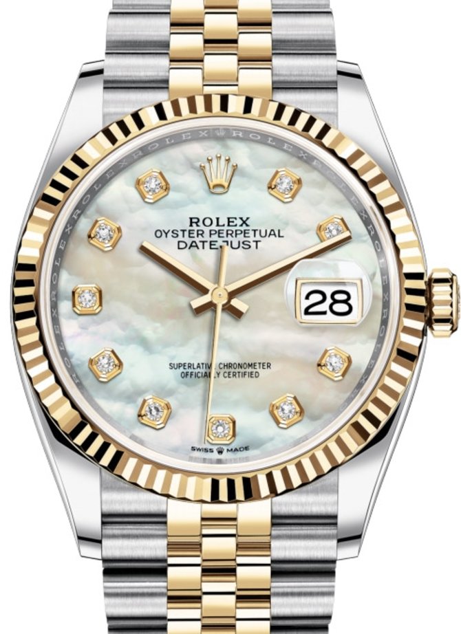 Rolex 126233 White mother-of-pearl diamonds Jubilee Datejust Ladies Yellow Rolesor Fluted Bezel