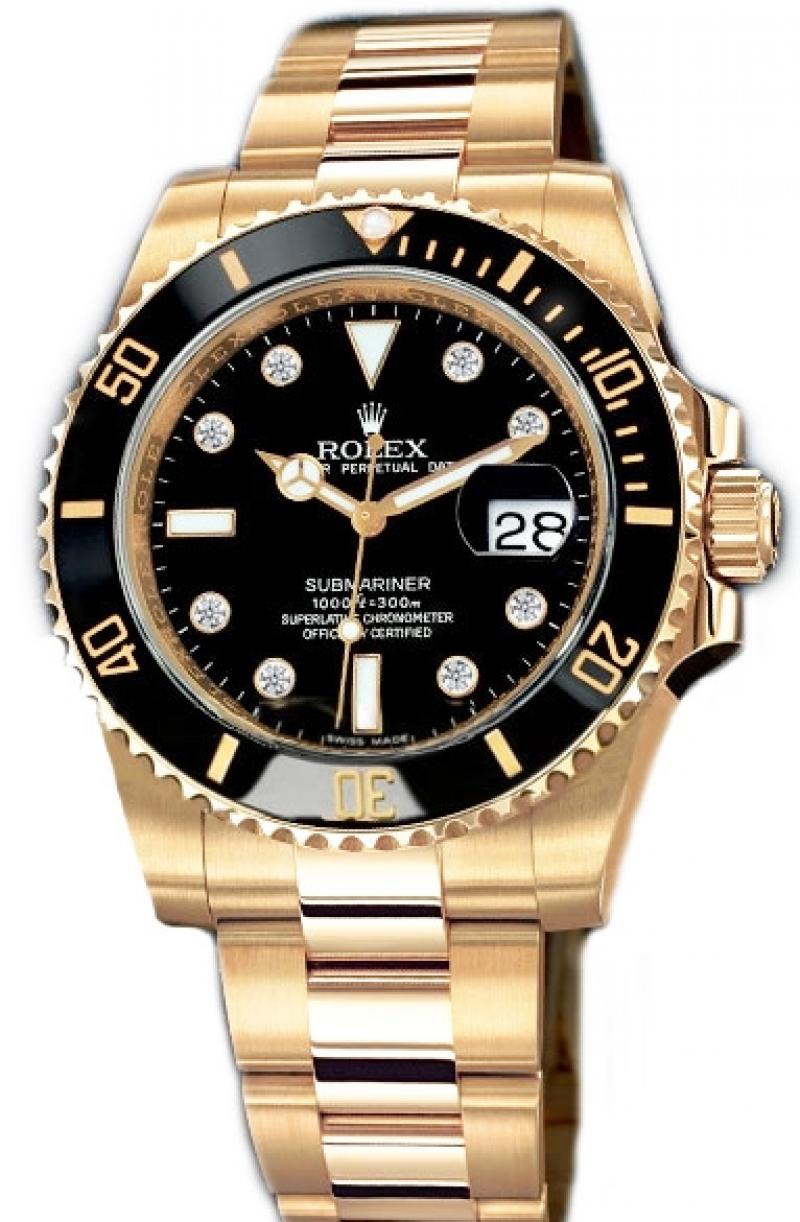 116618 black dial 8 diamond Rolex Date Yellow Gold Submariner